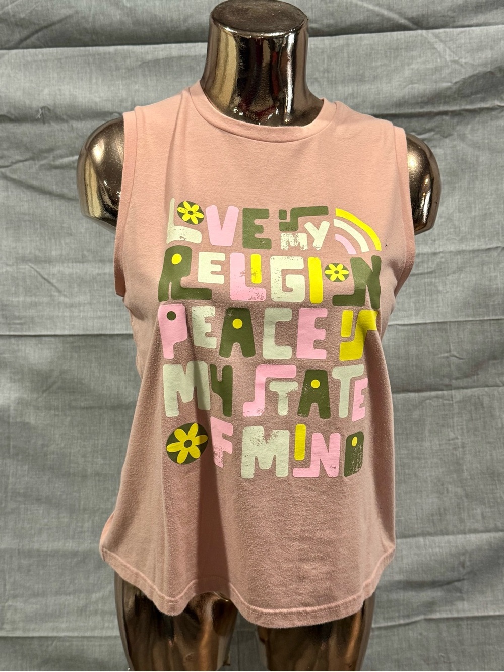 Women's Pink Graphic Muscle Tank Top - Peaceful Retro Print